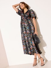 Friends Like These Black V-Neck Short Sleeve Tie Front Midi Dress - Image 3 of 5