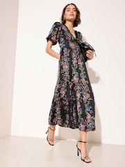 Friends Like These Black V-Neck Short Sleeve Tie Front Midi Dress - Image 5 of 5