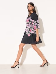Friends Like These Black Floral Puff Sleeve V-Neck Printed Mini Dress - Image 2 of 4