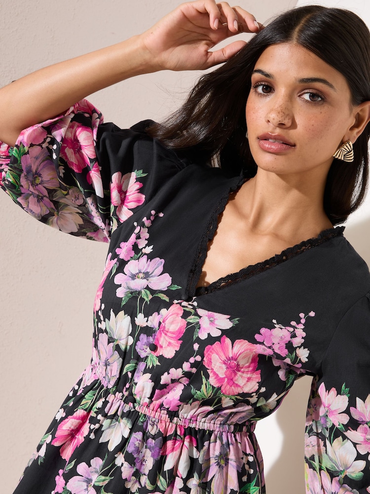 black floral puff sleeve mini dress Clothing : Mini Dresses : 'Carmel' Black Floral Puff Sleeve Mini Dress