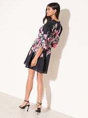 Friends Like These Black Floral Puff Sleeve V-Neck Printed Mini Dress - Image 4 of 4