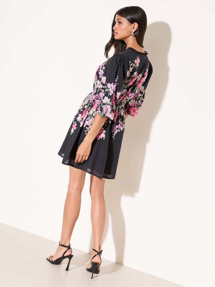 Friends Like These Black Floral Puff Sleeve V-Neck Printed Mini Dress - Image 4 of 4
