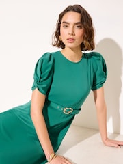 Friends Like These Khaki Green Petite Ruched Short Sleeve Belted Midi Dress - Image 2 of 4