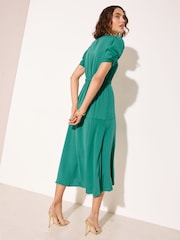 Friends Like These Khaki Green Petite Ruched Short Sleeve Belted Midi Dress - Image 4 of 4