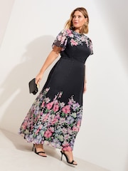 Friends Like These Black Floral Curve Spot Chiffon Short Sleeve Midi Dress - Image 1 of 4