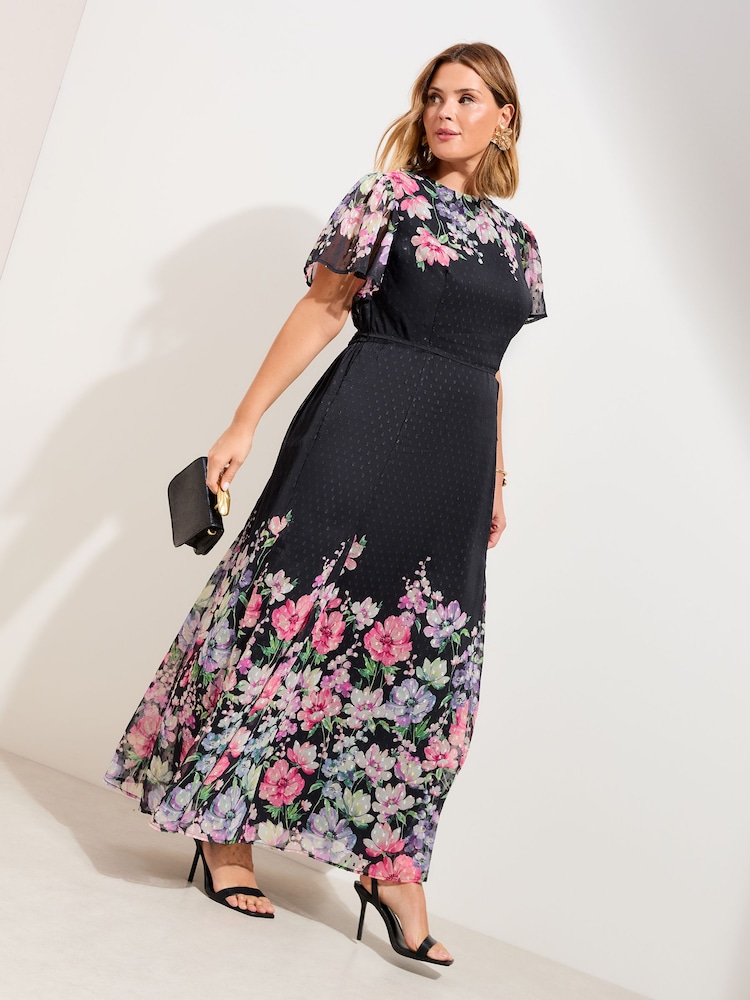 Friends Like These Black Floral Curve Spot Chiffon Short Sleeve Midi Dress - Image 1 of 4