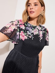 Friends Like These Black Floral Curve Spot Chiffon Short Sleeve Midi Dress - Image 2 of 4