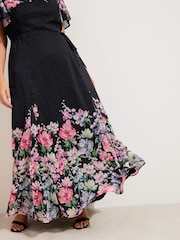 Friends Like These Black Floral Curve Spot Chiffon Short Sleeve Midi Dress - Image 3 of 4