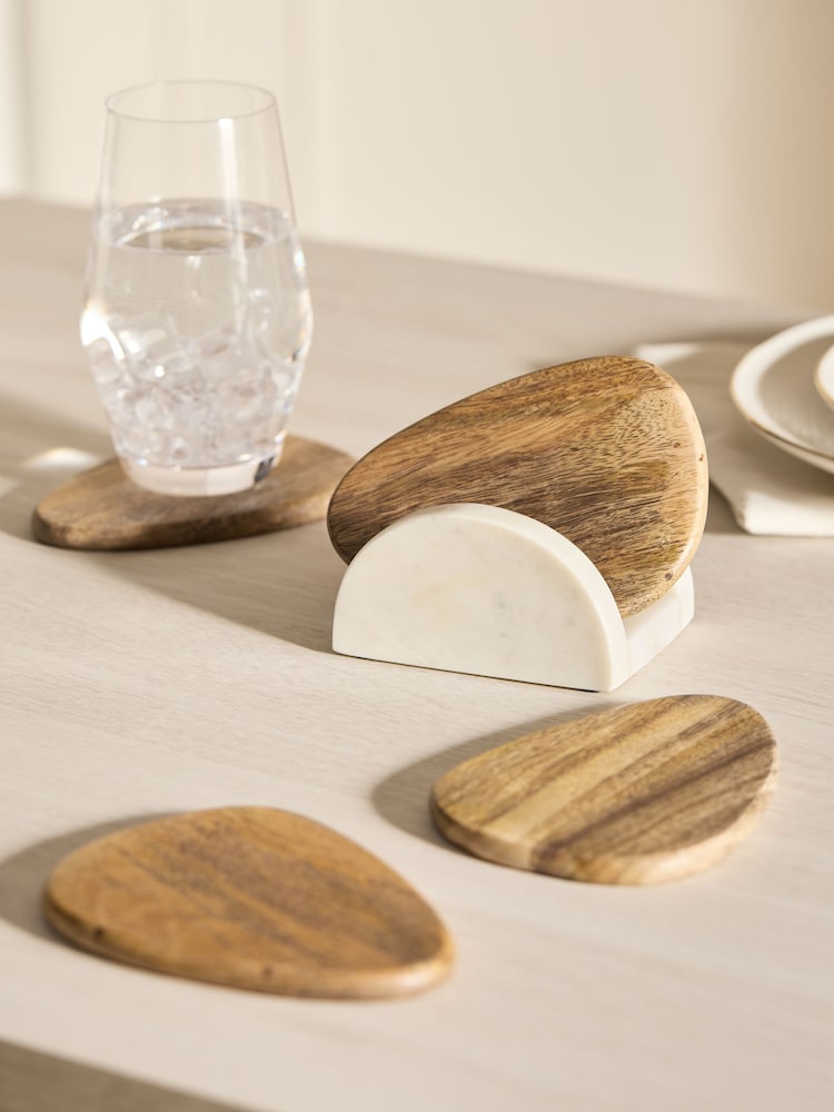 Set of 4 Natural Wooden Zaya Coasters in Marble Holder - Image 1 of 4