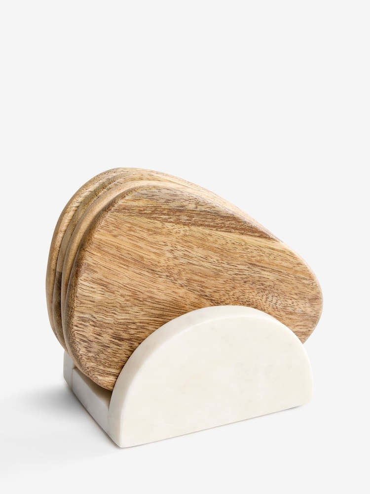 Set of 4 Natural Wooden Zaya Coasters in Marble Holder - Image 4 of 4