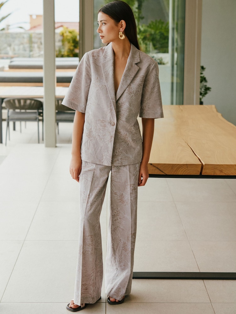 Stone Jacquard Palazzo Trousers with Linen - Image 1 of 5 Stone Jacquard Palazzo Trousers with Linen - Image 1 of 5