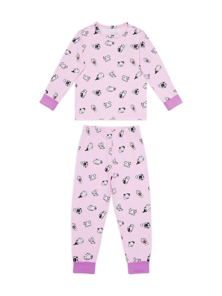 Chelsea Peers Pink Kids Halloween Party Ghost Print Long Pyjamas Set - Image 1 of 3