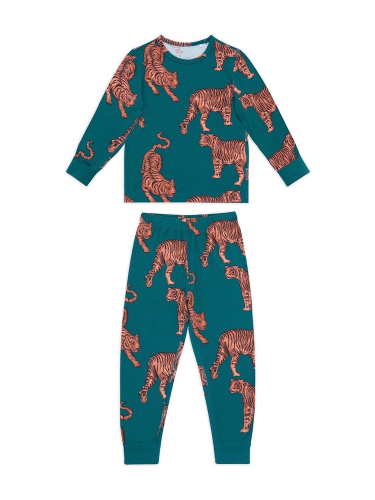 Chelsea Peers Green Kids Tiger Print Long Pyjamas Set - Image 1 of 3