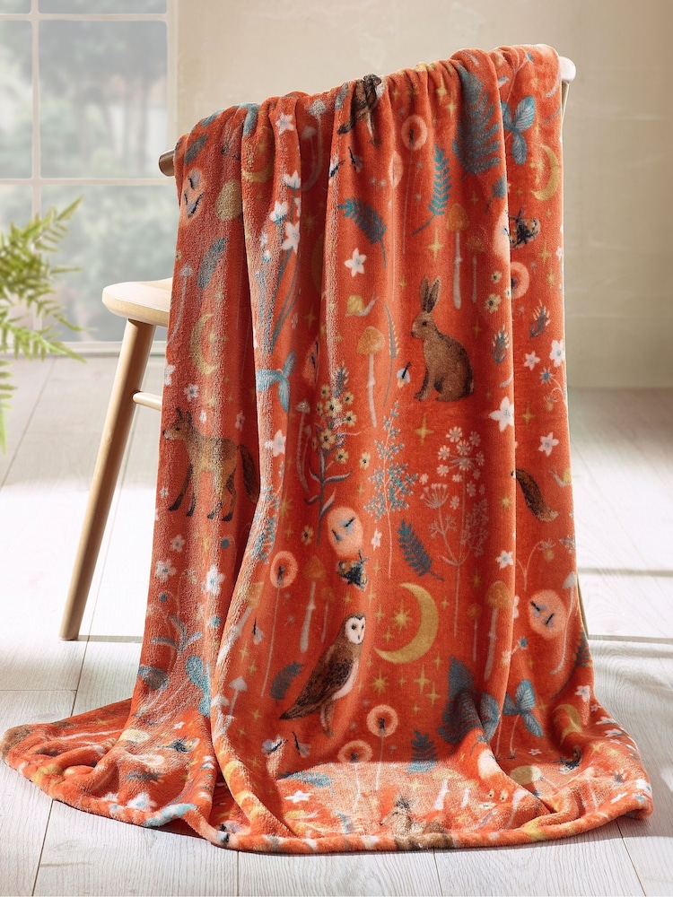 Catherine Lansfield Burnt Orange Enchanted Twilight Animals Cosy Blanket Throw - Image 1 of 3 Catherine Lansfield Burnt Orange Enchanted Twilight Animals Cosy Blanket Throw - Image 1 of 3
