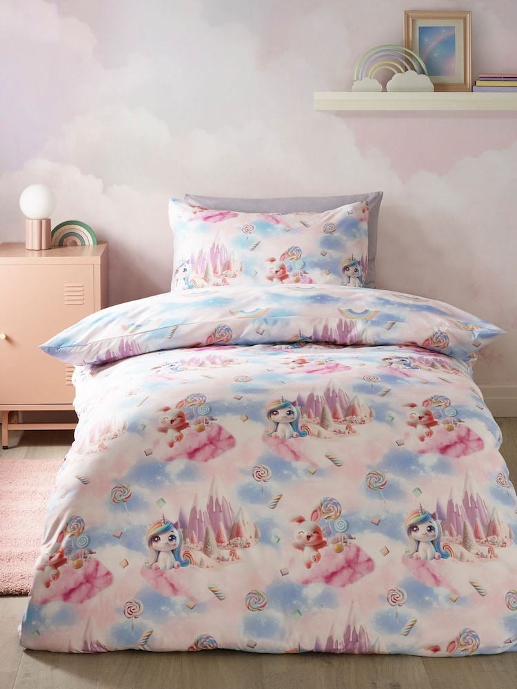 Catherine Lansfield Pink Candy Unicorn So Soft Reversible Duvet Cover Set - Image 1 of 4