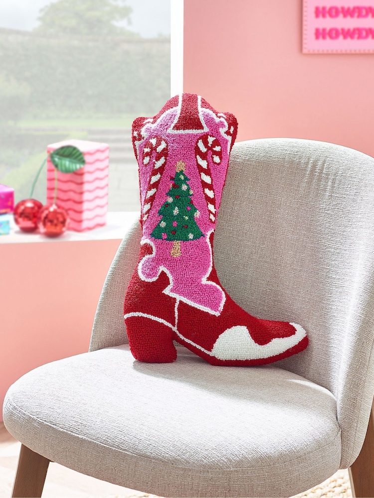 Catherine Lansfield Pink Santas Howdy Christmas Boot Boucle 3D Cushion - Image 1 of 2 Catherine Lansfield Pink Santas Howdy Christmas Boot Boucle 3D Cushion - Image 1 of 2