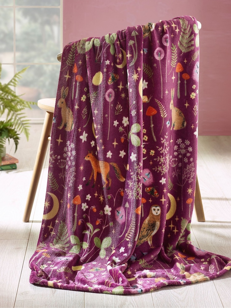 Catherine Lansfield Plum Enchanted Twilight Animals Cosy Blanket Throw - Image 1 of 3 Catherine Lansfield Plum Enchanted Twilight Animals Cosy Blanket Throw - Image 1 of 3