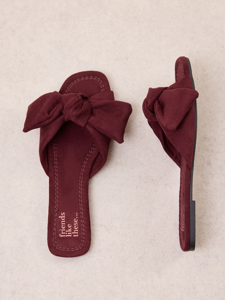 Friends Like These Burgundy Red Faux Suede Bow Slip On Flat Summer Slider Sandals - Image 1 of 4
