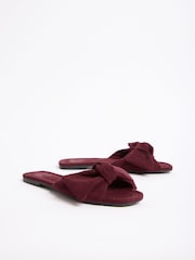 Friends Like These Burgundy Red Faux Suede Bow Slip On Flat Summer Slider Sandals - Image 2 of 4