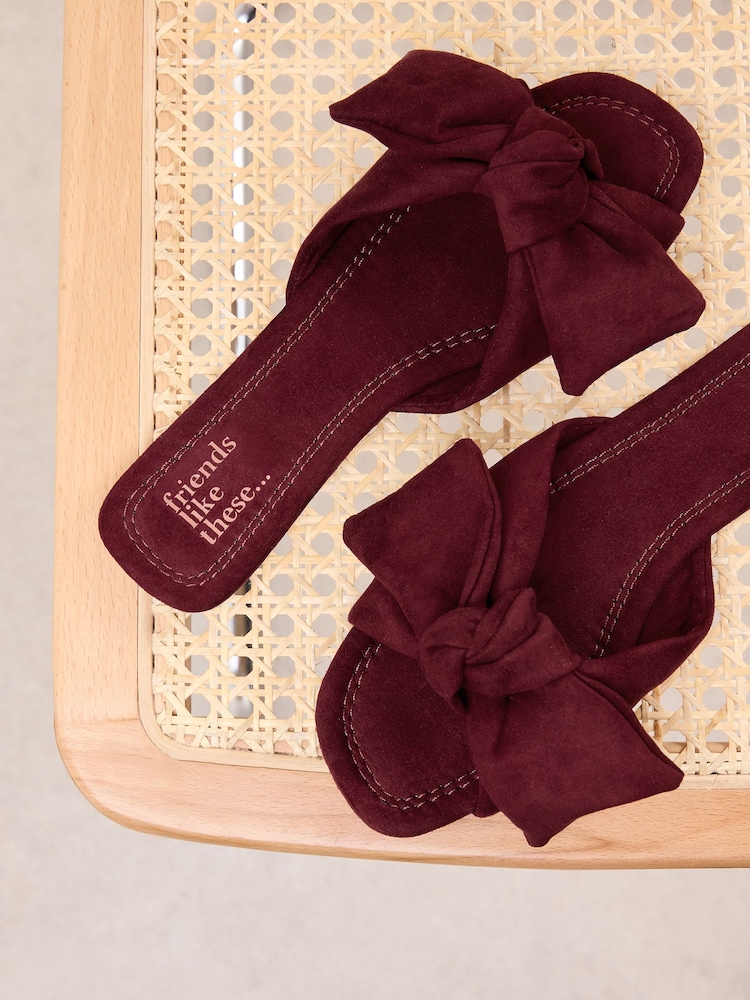 Friends Like These Burgundy Red Faux Suede Bow Slip On Flat Summer Slider Sandals - Image 4 of 4