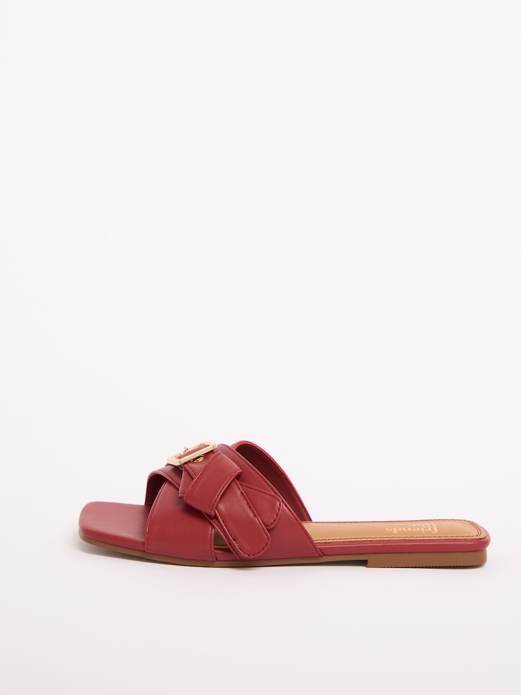 Friends Like These Red Faux Leather Buckle Detail Slip-On Flat Summer Sandals - Image 6 of 6
