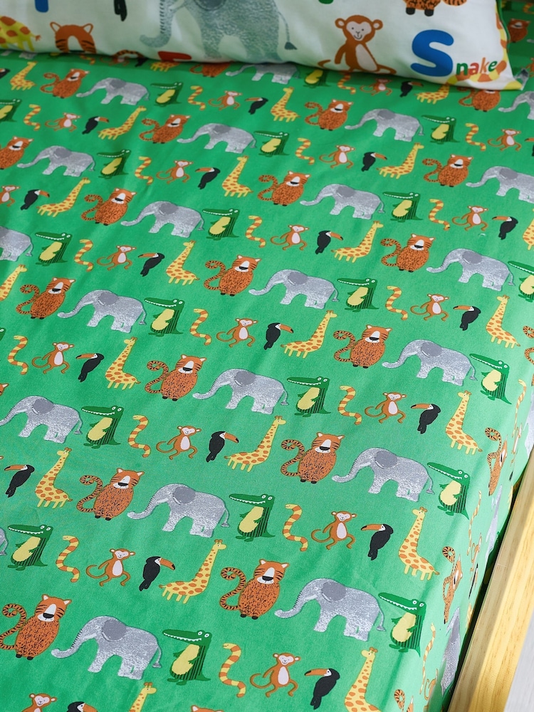 Catherine Lansfield Green Animal Magic Fitted Sheet - Image 1 of 2 Catherine Lansfield Green Animal Magic Fitted Sheet - Image 1 of 2