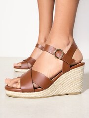 Friends Like These Tan Brown Multi Strap Square Toe Espadrille Mid Wedge Sandals - Image 1 of 4