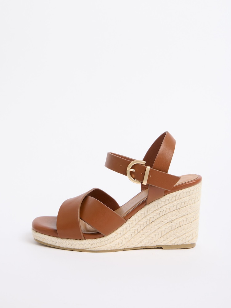 Friends Like These Tan Brown Multi Strap Square Toe Espadrille Mid Wedge Sandals - Image 5 of 5