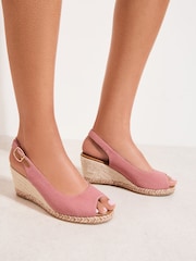 Friends Like These Coral Pink Standard Fit Slingback Peep Toe Espadrille Wedge Sandals - Image 1 of 5
