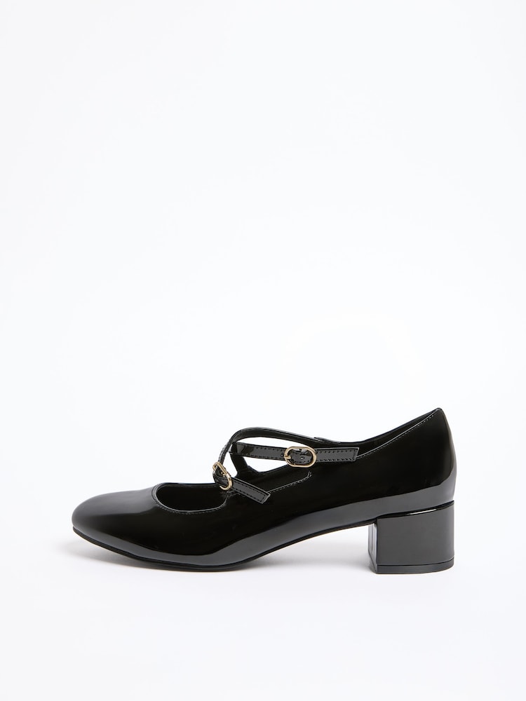 Friends Like These Black Standard Fit Faux Leather Cross Strap Low Block Heel Smart Maryjane Court Shoes - Image 5 of 5