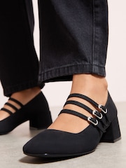 Friends Like These Black Triple Strap Low Block Heel Smart Mary Jane Court Shoes - Image 2 of 4