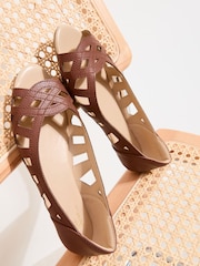 Friends Like These Tan Brown Standard Fit Faux Leather Flat Cutout Peeptoe Ballerina Shoes - Image 2 of 5