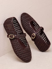 Friends Like These Chocolate Brown Faux Leather Weave Mary Jane Casual Flat Ballerina Shoes - Image 1 of 4