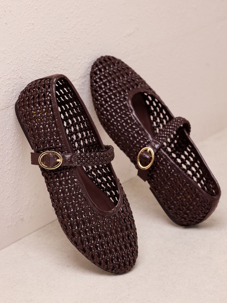 Friends Like These Chocolate Brown Faux Leather Weave Mary Jane Casual Flat Ballerina Shoes - Image 1 of 4