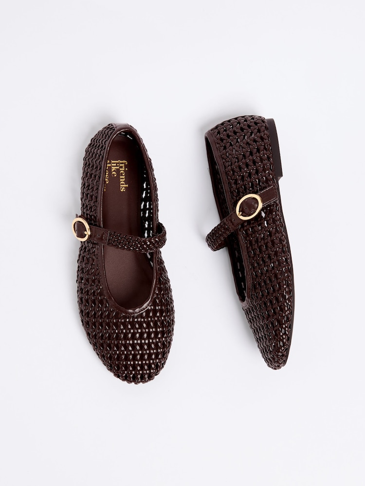 Friends Like These Chocolate Brown Faux Leather Weave Mary Jane Casual Flat Ballerina Shoes - Image 2 of 4