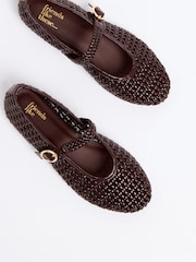 Friends Like These Chocolate Brown Faux Leather Weave Mary Jane Casual Flat Ballerina Shoes - Image 3 of 4