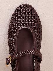 Friends Like These Chocolate Brown Faux Leather Weave Mary Jane Casual Flat Ballerina Shoes - Image 4 of 4