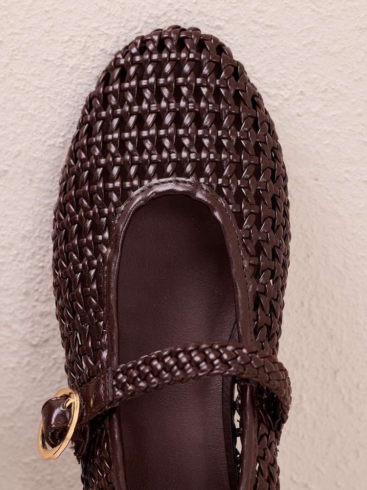 Friends Like These Chocolate Brown Faux Leather Weave Mary Jane Casual Flat Ballerina Shoes - Image 4 of 4