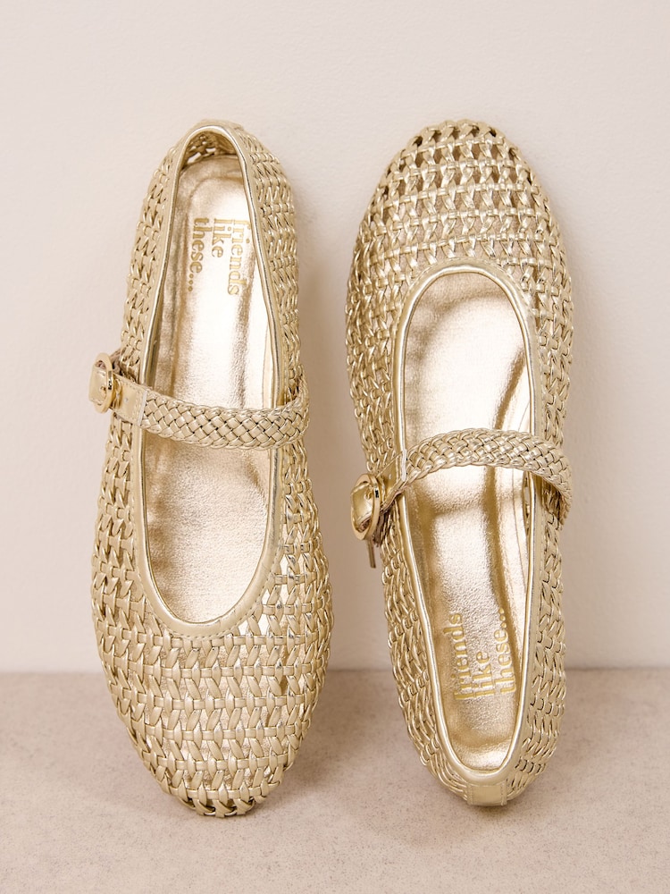 Friends Like These Gold Faux Leather Weave Mary Jane Casual Flat Ballerina Shoes - Image 1 of 4 Friends Like These Gold Faux Leather Weave Mary Jane Casual Flat Ballerina Shoes - Image 1 of 4