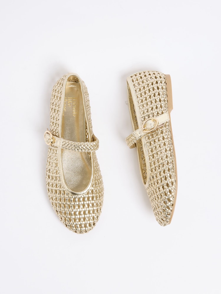 Friends Like These Gold Faux Leather Weave Mary Jane Casual Flat Ballerina Shoes - Image 2 of 4 Friends Like These Gold Faux Leather Weave Mary Jane Casual Flat Ballerina Shoes - Image 2 of 4