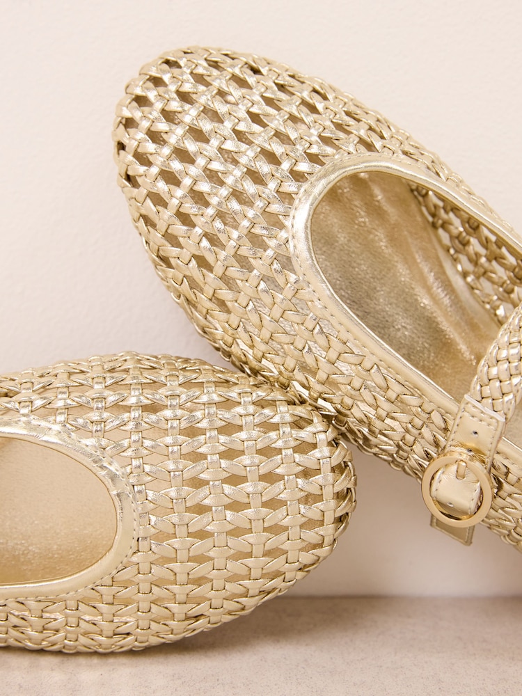 Friends Like These Gold Faux Leather Weave Mary Jane Casual Flat Ballerina Shoes - Image 4 of 4 Friends Like These Gold Faux Leather Weave Mary Jane Casual Flat Ballerina Shoes - Image 4 of 4