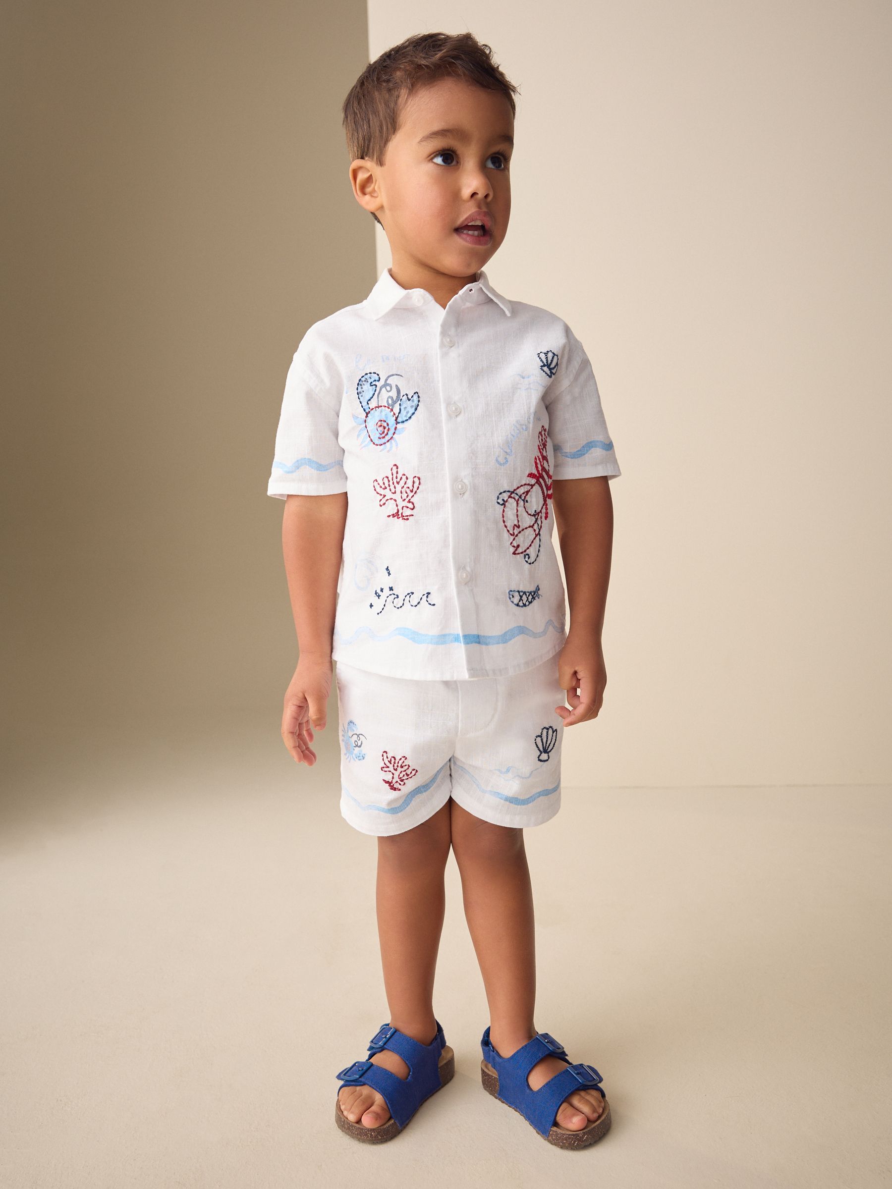 Buy White Sealife Embroidery Short Sleeve Shirt & Shorts Set