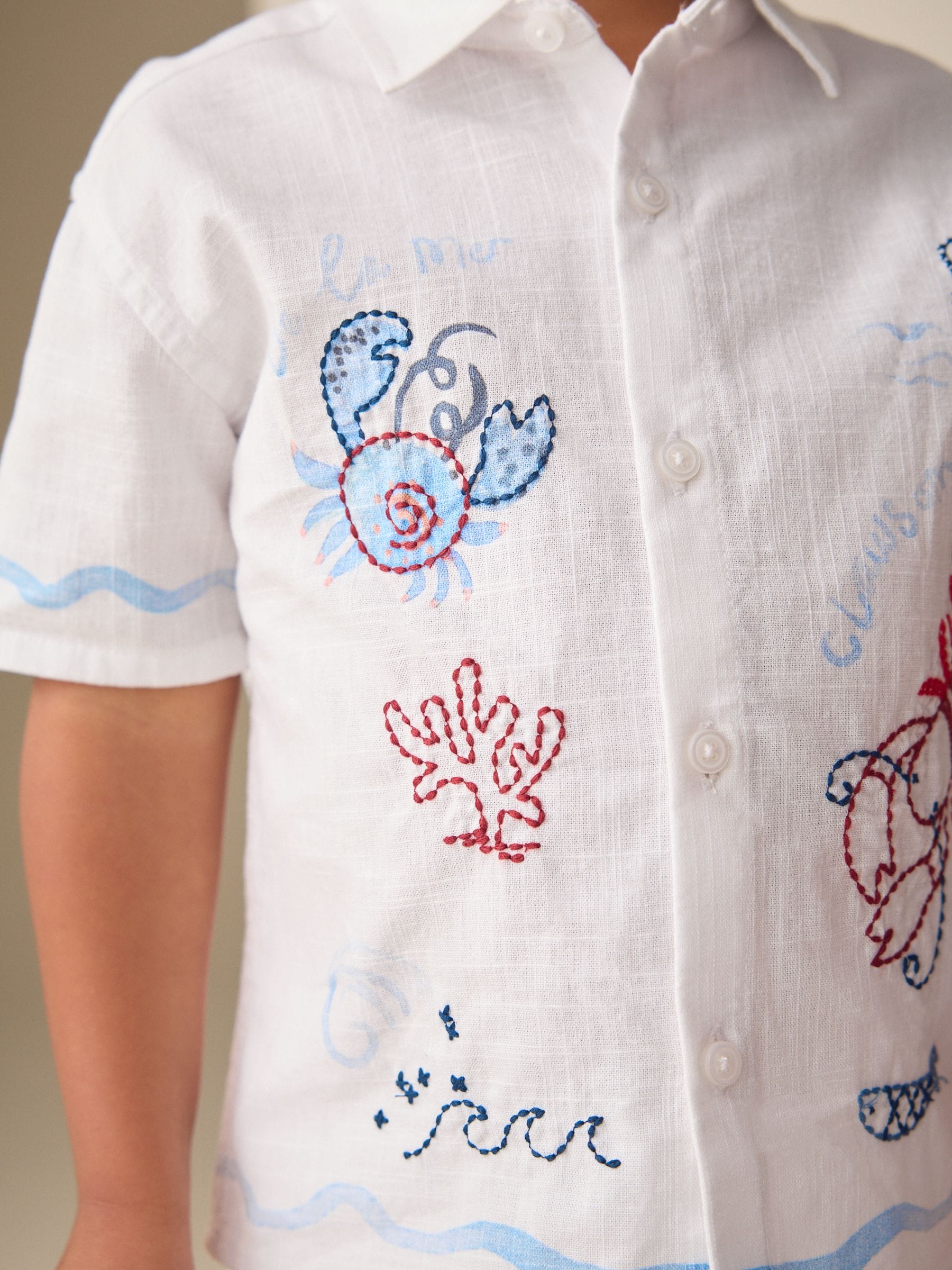 Buy White Sealife Embroidery Short Sleeve Shirt & Shorts Set
