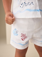 White Sealife Embroidery Short Sleeve Shirt & Shorts Set (3mths-10yrs) - Image 4 of 9