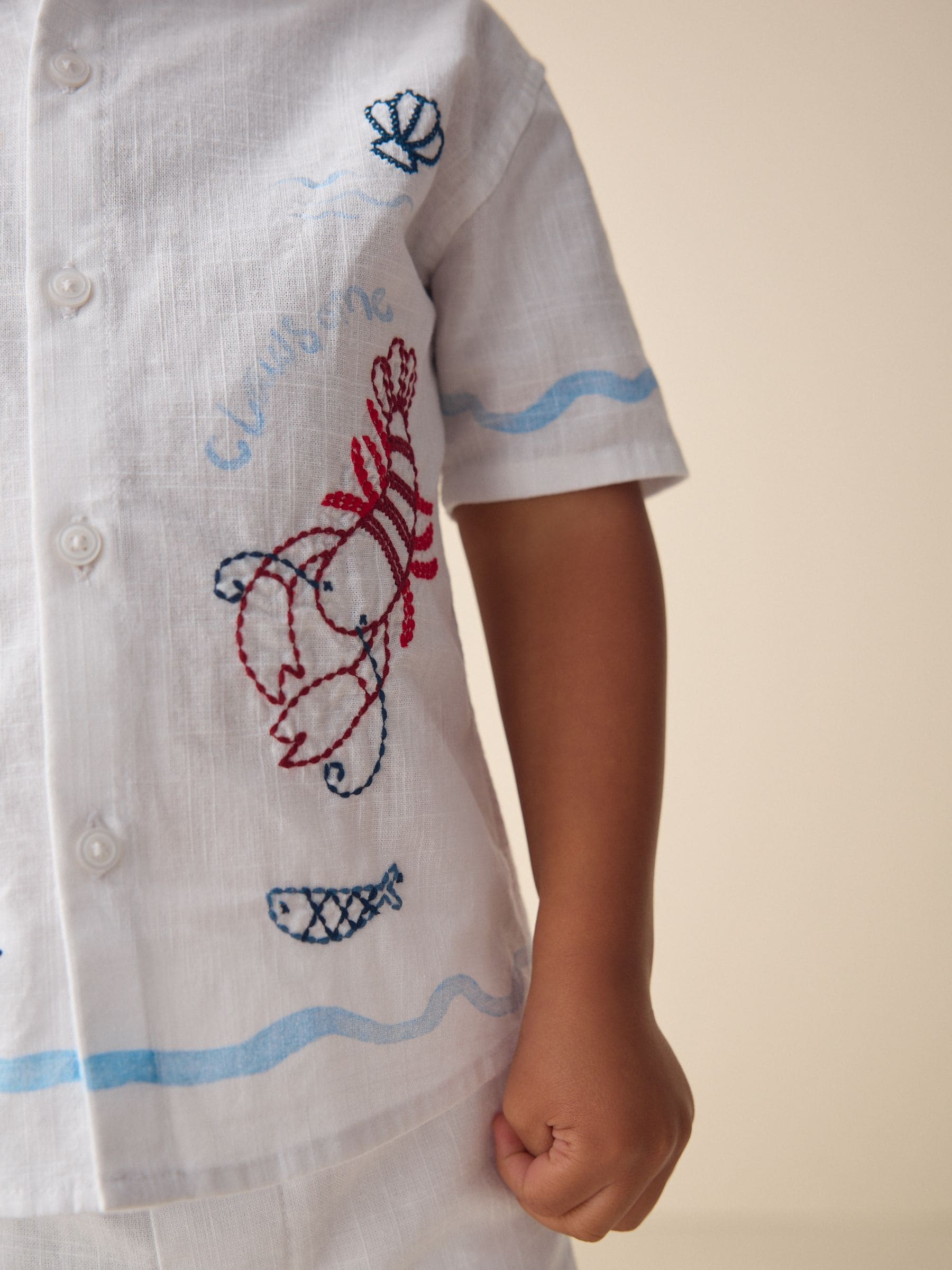 Buy White Sealife Embroidery Short Sleeve Shirt & Shorts Set