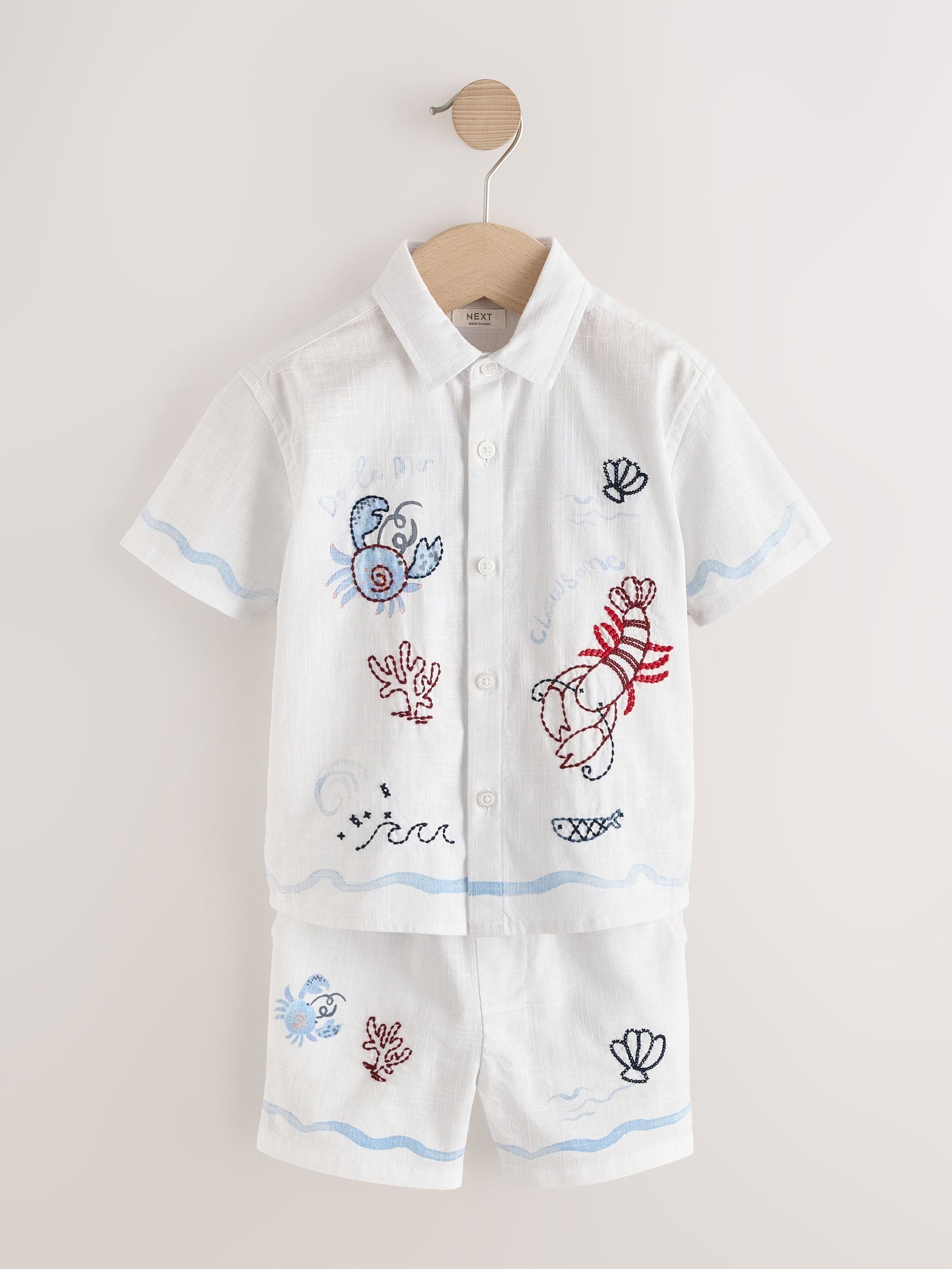 Buy White Sealife Embroidery Short Sleeve Shirt & Shorts Set