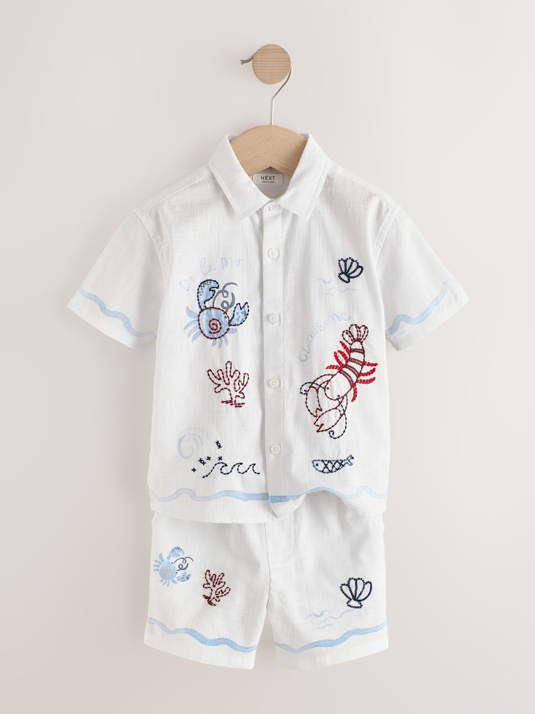 Buy White Sealife Embroidery Short Sleeve Shirt & Shorts Set