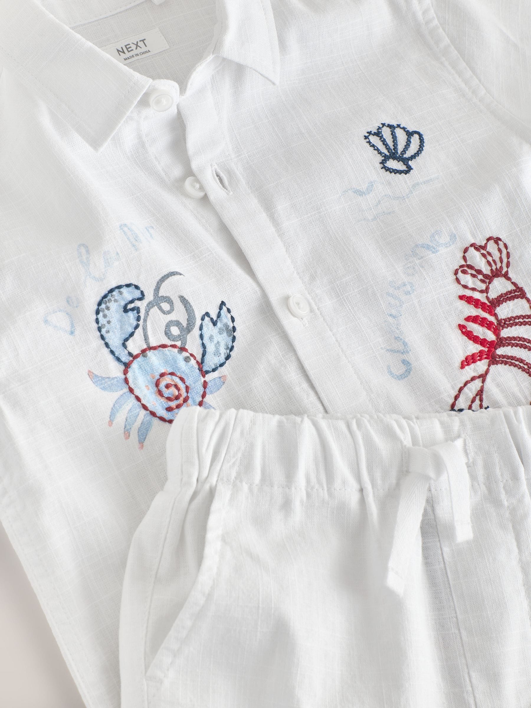 Buy White Sealife Embroidery Short Sleeve Shirt & Shorts Set