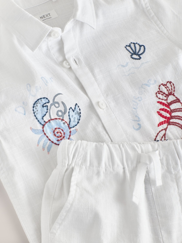 White Sealife Embroidery Short Sleeve Shirt & Shorts Set (3mths-10yrs) - Image 9 of 9