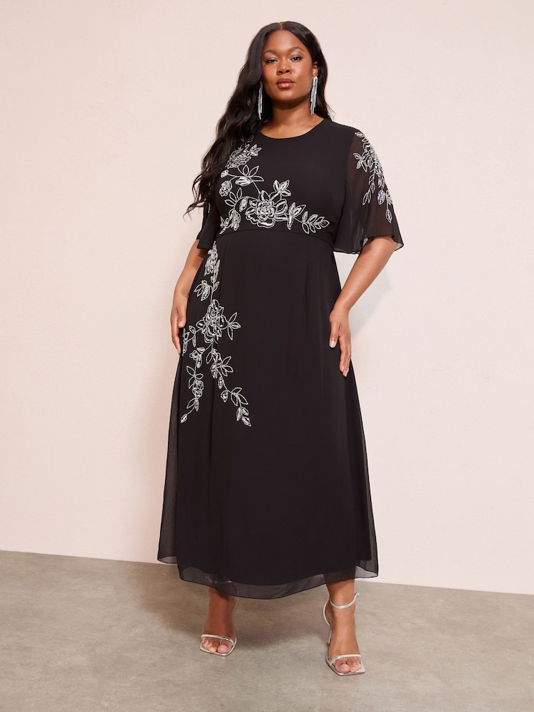 Friends Like These Black Curve Short Sleeve Embellished Midi Dress - Image 1 of 4